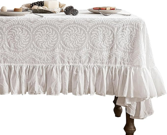 patdrea Vintage Ruffle Tablecloth for Rectangle Tables,Farmhouse Embroidered Cotton White Lace Table Cloth Cover Decor for Dining Room Wedding Banquet Thanksgiving Christmas,67"*114"