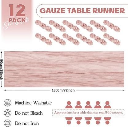 Aktor 12 Pack Dusty Pink Table Runner Boho Cheesecloth Table Runner Semi Sheer Gauze Fabric Runners for Wedding Birthday Baby Shower Party Boho Table Decoration（Dusty Pink）