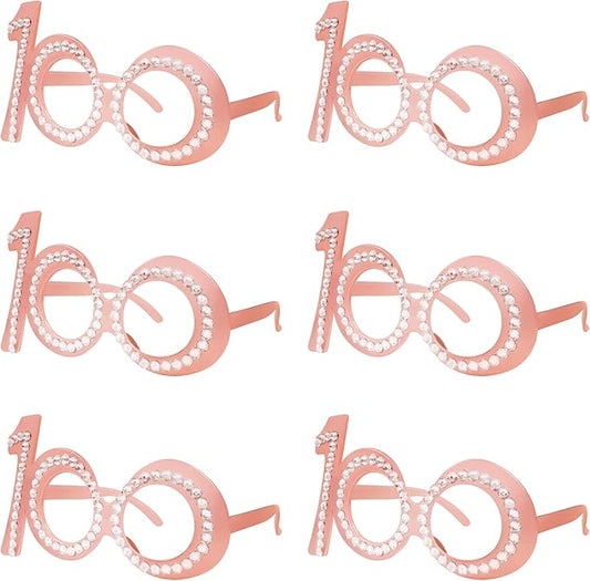 100th Birthday Glasses - 6 Pairs Rose Gold 100 Years Old Glasses with Rhinestones Frame, Funny Plastic Costume Photo Booth Props for 100th Anniversary Party Decorations