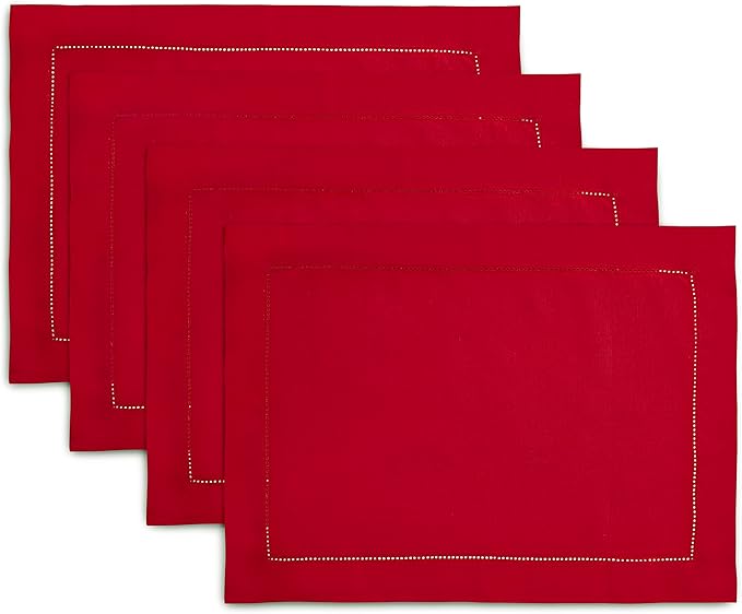 Cotton Linen Placemats Set of 4 – Hemstitch Red Cloth Placemats 14 x 19 Inch – Washable Fabric for Dining, Fall, Halloween, Thanksgiving, Spring, Summer, Wedding, Everyday Décor – Serena