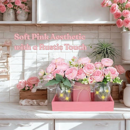 Rustic Pink Mason Jar Centerpiece with Faux Peony Flowers – Floral Decor for Home, Wedding, Kitchen, Table, Office – Farmhouse Tray Vase Set