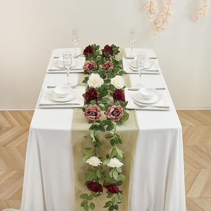 Burgundy Artificial Rose Garlands Rose Vines Leaves Banners Hanging Floral Garland Fake Rose Flower Vine for Wedding Arch Ceremony Home Garden Outdoor Party Wall Decorations