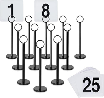 New Star Foodservice 27686 Ring Clip Table Number Card Holders, w/Number Cards, 1 to 25, Set of 12, 8-Inch, Black Stand