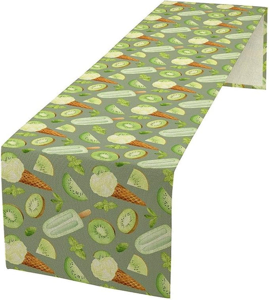 Summer Ice Cream Popsicles Table Runner, Watercolor Green Kiwi Seasonal Fruit Sweet Dessert Dinner Runner for Party Holiday Home Kitchen Dining Table Decor 13"x60"