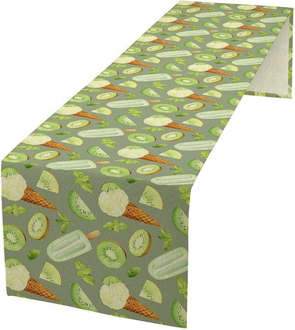 Summer Ice Cream Popsicles Table Runner, Watercolor Green Kiwi Seasonal Fruit Sweet Dessert Dinner Runner for Party Holiday Home Kitchen Dining Table Decor 13"x70"