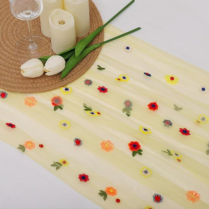 BINBE 6pcs Daisy Fall Table Runner Embroidery Gauze 10FT Florals Seasonal Tulle Holiday Birthday Kitchen Dining Table Decor for Home Party Yellow