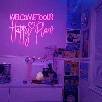 Welcome To Our Happy Place Neon Sign LED Pink Our Happy Place Neon Light With USB for Wall Decor Dimmable Happy Letters Light Up Sign for Bedroom Wedding Party Home Decor (16.7 * 12.6In)