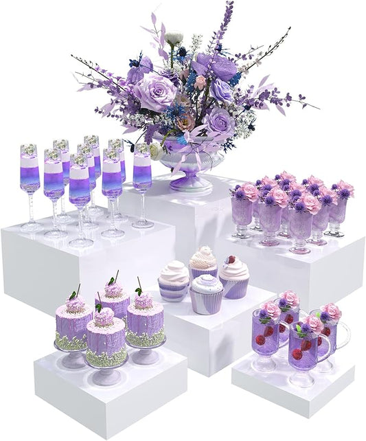 Buffet Risers, Food Display Risers for Party, White Acrylic Risers Display Stand for Buffet Table, Catering Displays for Dessert, Cube Box Nesting Riser with Hollow Bottoms (5"x6"x7"x8"x9"x10" 6 PCS)