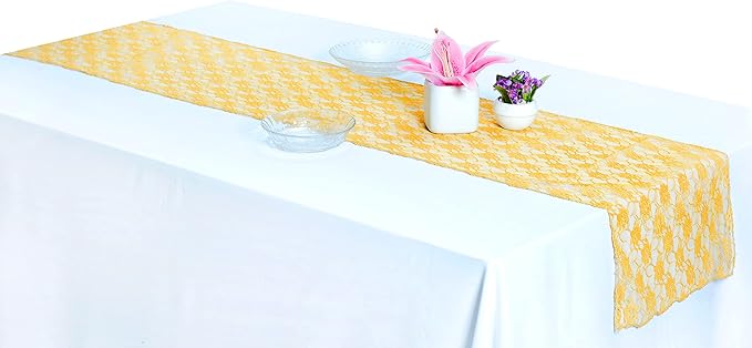 MDS Pack of 20 Wedding 12 x 108 inches Lace Table Runner for Wedding, Decorations for Birthday Parties, Banquets, Graduations, Engagements, and Runners fit Rectangle, Round Table- Yellow Gold