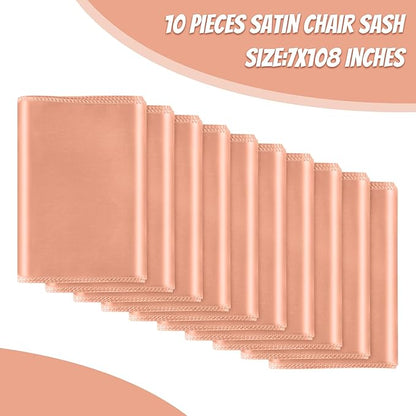 10 PCS Rose Gold Satin Chair Sashes Bows Universal Chair Ribbon Ties Back Sash for Wedding Party Reception Events Banquets Hotel Event Chair Cover Decoration (7x108 inch)