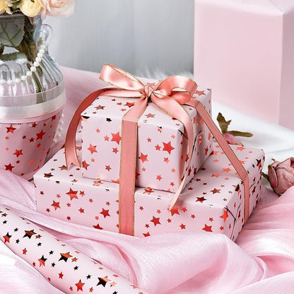 Burymento Gold Foil Five-Pointed Star Wrapping Paper, Reversible Pink Gift Wrap for Birthday, Valentines, Mothers day, Graduation, Wedding, Fathers day, Baby Shower, Christmas (17in x 32.8ft)