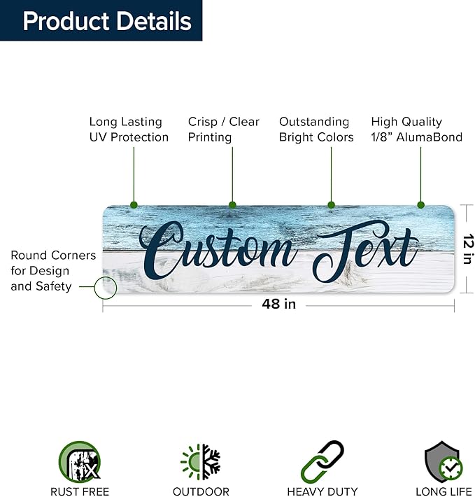 Custom Sign, Custom Street Sign, 11 Font Colors, 13 Font Styles, 4 Hole Options, 22 Sizes, 12x48 Inches, Rust Free DiBound, Fade Resistant, Made in USA by My Sign Center (Coastal)