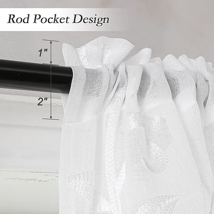 VISIONTEX White Sheer Voile Curtains, Decorative Leaves Embroidery Faux Linen Rod Pocket Window Drapes for Home Kitchen, Living Room and Bedroom 26 x 36 Inch, Set of 2 Curtain Panels