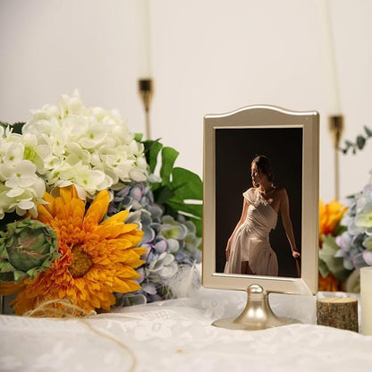 NahNah Double Sided Standing Picture Frames - (Gold, 4 Count) 4x6 Inch, Plastic Pedestal Photo Frame with Inserts and Base - 2 Sided Tabletop Vertical Display Frame for Wedding Table Bridal