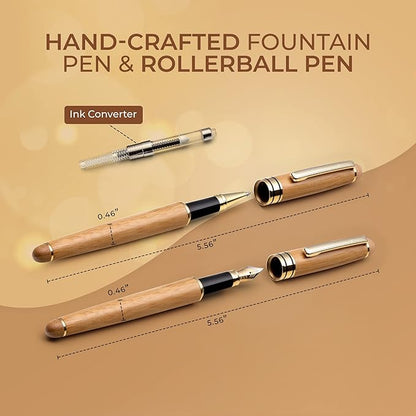 ZenZoi Wood Pen Set - Bamboo Fountain Pen w/Fine Nib & Rollerball Pen. Smooth Writing, Refillable, Vintage, Crafted, Journaling Pen. Luxury Pen Gift Set for Men, Women, Ink Converter.