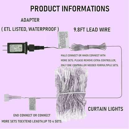 Dazzle Bright 300 LED Curtain String Lights, Halloween Fairy Lights for Bedroom with 8 Lighting Modes, Connectable Waterproof Window Light Party Wedding Garden Wall Decor, Purple