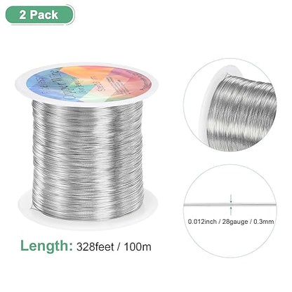 2-Rolls 0.3mm Jewelry Wire, 28 Gauge 328FT Craft Wire Copper Beading Wire for Jewelry Making/Planting/Weaving/DIY Crafting, Soft Metal Wires [100M, Silver White]