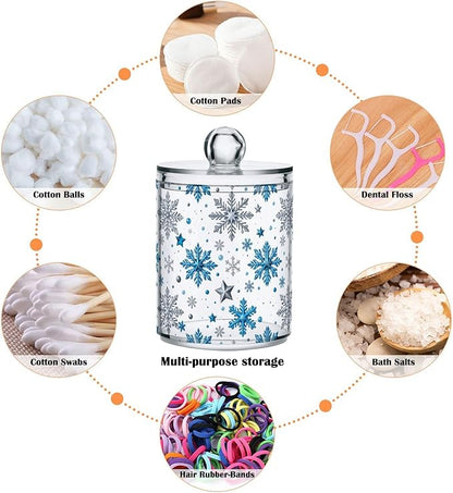 Gredecor Christmas Winter Qtip Holder Dispenser 2 Pack Silver Blue Glitter Snowflakes Bathroom Decorative Storage Canister Holder Counter Vanity Organizer for Cotton Ball Swabs Pads Floss