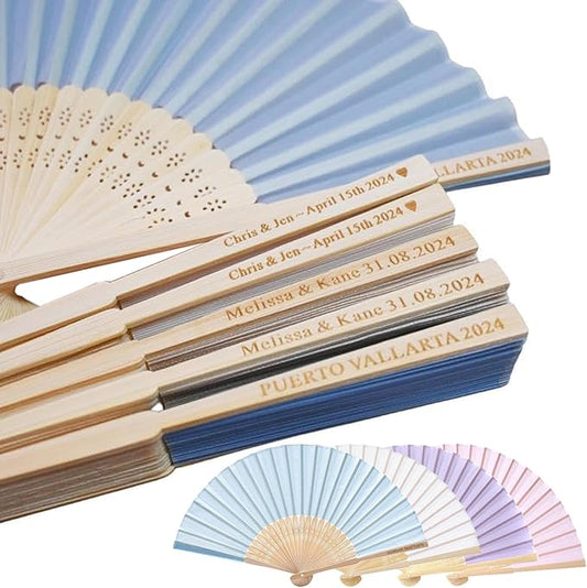 Personalized Engraved Light Blue Fans Folding Hand Fans 80 Pcs, Summer Wedding Fans, Custom Imitated Silk-Bamboo Fans for Guests Wedding Party Favor Bridal Shower Gifts Party Decoration