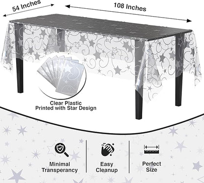 Exquisite Clear Silver Star Tablecloth Plastic 12-Pack Disposable Rectangle Tablecloths 54" x 108" Silver Star Table Cloths Rectangle Table Covers Plastic Tablecloth for Party Decorations