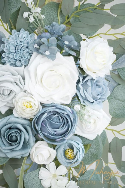 Artificial Arch Flowers Kit(Pack of 4),2Pcs Artificial Flower Arch Decor, 2Pcs Drapes, Ceremony and Reception Background Rose Decoration, Grayish Blue Floral Outdoor Party Decor