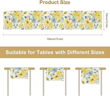 Watercolor Floral Table Runner, Seasonal Summer Yellow Flower Print Kitchen Dinning Table Runner for Indoor Outdoor Home Wedding Party Holiday, 13x36 Inch