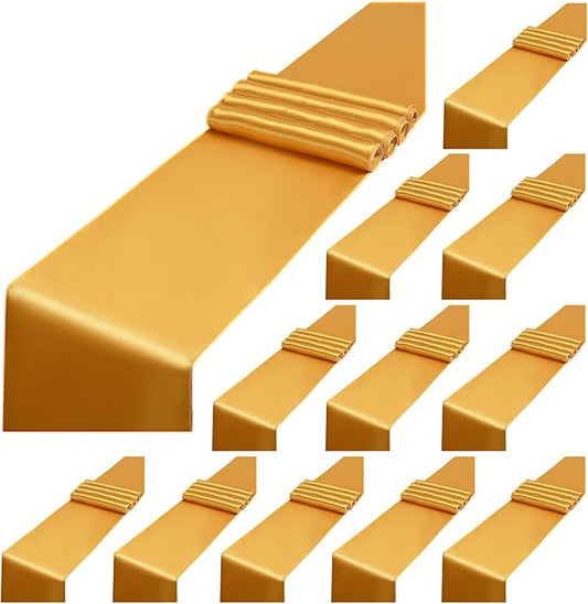 12 Pack Gold Satin Table Runner,12 x 108 inch Long Premium Smooth Table Runner for Wedding, Banquets, Birthday, Party, Graduation, Engagements, Table Runners fit Rectangle and Round Table