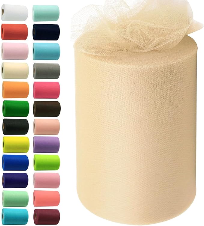 Beige Tulle Fabric Rolls 6 Inch by 100 Yards (300 feet) Fabric Spool Tulle Ribbon for DIY Tutu Gift Wrapping Baby Shower Birthday Party Wedding Decorations Christmas Craft Supplies