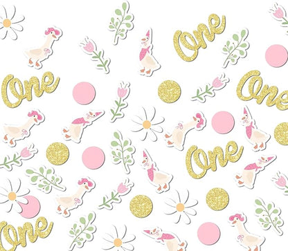 220PCS One Silly Goose Birthday Decor for Girl, Goose Dot Leaves Flower 1st Birthday Confetti for Pink and Gold First Bday Decorations.