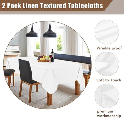 Fitable Faux Linen White Tablecloths 60 x 84 Inch - 2 Pack Textured Table Clothes for Rectangle Tables, Wrinkle-Proof Faux Burlap Table Covers for Dining, Farmhouse, Outdoor Picnic, Camping