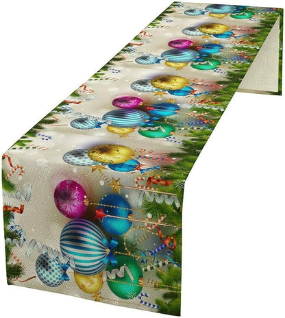 Christmas Table Runner,Colorful Balls Xmas Tree Snowflake Pattern Print Tablecloth Burlap for Hotel Indoors Outdoor Dining Room Kitchen Home Decor,W13X L60 in
