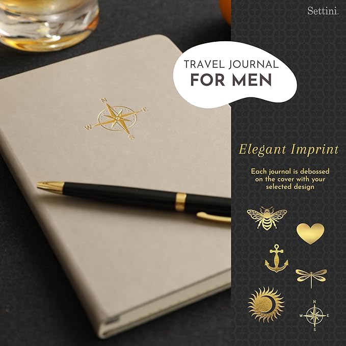 SETTINI Lined Journal, Ideal for Journaling - A5 Vegan Leather Notebook, 192 Archival-Quality Pages, QuillEase Bleed-Free Paper, Inner Pocket & Bookmark - Travel Journal for Men & Women, Grey Compass