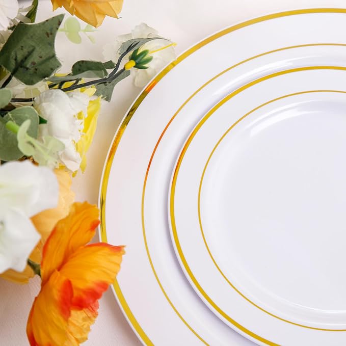 NOCCUR 700PCS Gold Plastic Plates - Gold Disposable Dinnerware Set for 100 - Include 200 Dinner/Dessert Plates, 300 Cutlery, 100 Cups, 100 Napkins, Idea for Wedding/Party/Thanksgiving