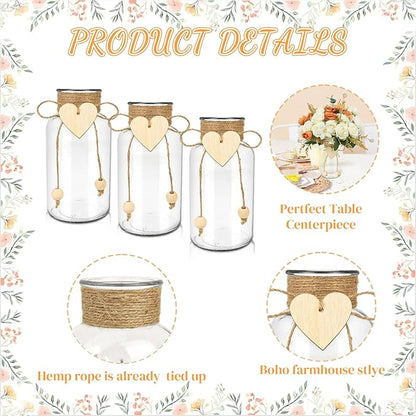 Vintage Glass Vases for Flowers, Set of 3 Mason Jar Vase Table Centerpieces for Farmhouse Room Decor, Wedding, Bridal Shower Bud Vase Set (Small)