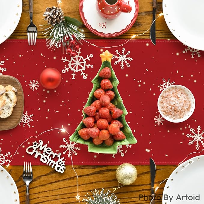 Artoid Mode Red Snowman Snowflake Let it Snow Winter Table Runner, Seasonal Christmas Kitchen Dining Table Decoration for Home Party Decor 13x108 Inch