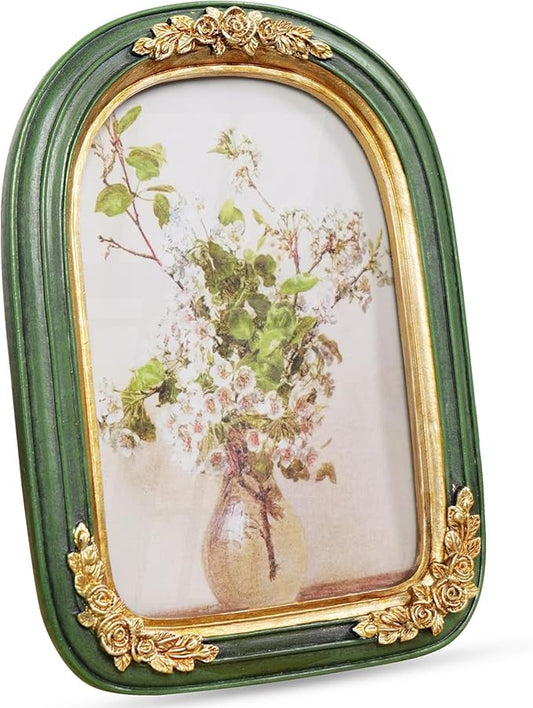 Cuspin Vintage 5x7 Picture Frame, Ornate Gold Green Arch Frames Resin Photo Frame with Glass Front for Tabletop or Wall Display, Antique Decorative Frame for Home Decor or Gift