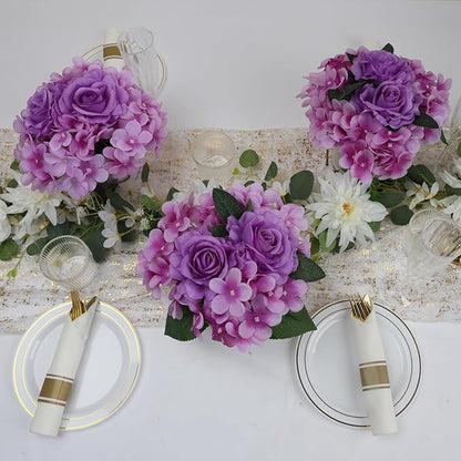 Flower Table Centerpieces - Set of 6 Floral Arrangement Artificial Wedding Hydrangeas Floral Arrangement with Rustic Metal Vase for Bridal Tea Party Event Decorations - Purple