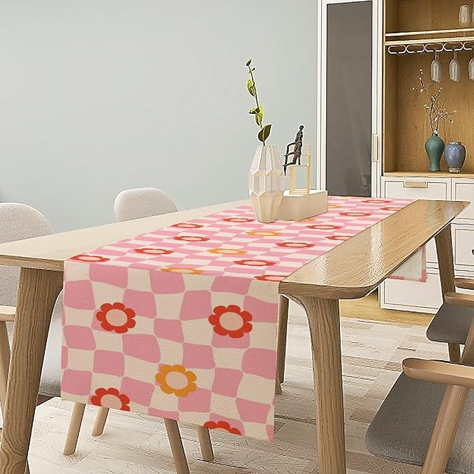 Vintage Floral Table Runner,60s Retro Color Funky Hippie Print Table Cloth Kitchen Dining Table Home Party Decoration 13x60 Inch