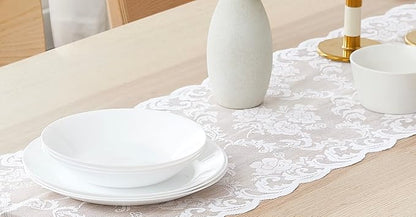 LinenZone White Table Runner with 2 Tassels for Rustic Vintage Decor. Lace Table Runner Works Great As Wedding, Thanksgiving, Christmas Decor. (Mia 14 x 72, White)
