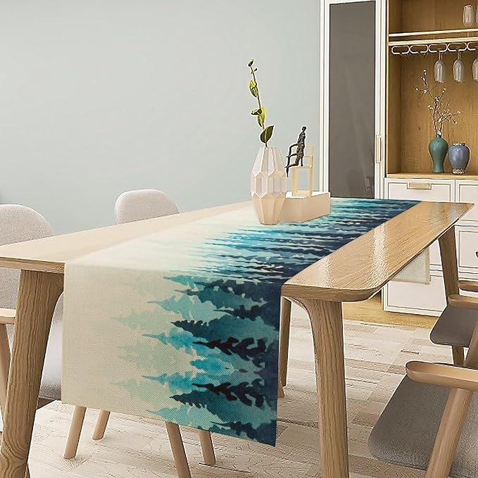 Misty Forest Table Runner,Foggy Blue Forest Landscape Table Runner for Kitchen Dining Table Home Party Decoration 13x90 Inch
