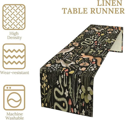 Mushroom Table Runner,Vintage Boho Forest Wild Animal Wildflower Botanical Plants Pattern Print Burlap Hotel Indoors Outdoor Dining Room Kitchen Holiday Party, 13x36in