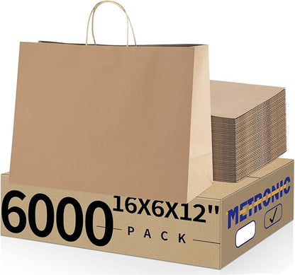 METRONIC Kraft Paper Gift Bags with Handles 16x6x12 Inch 6000 Pack | Christmas, Birthday Party Favors, Retail Shopping, Small Business Bulk | Brown Gift Wrap Bag