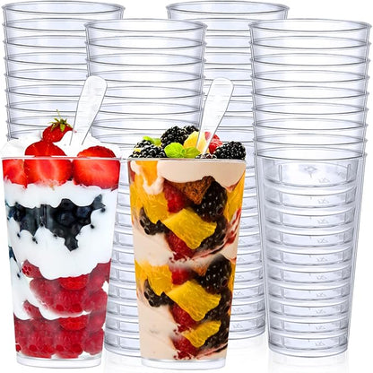 CHENGU 3 Oz Dessert Cups with Spoons Mini Shooter Cups Small Round Tableware for Parfait Appetizer Pudding Tasting for Event Festival Birthday Party Supplies(150 Pieces)