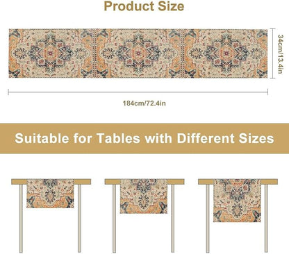 Bohemia Orange Table Runner, Rustic Farmhouse Vintage Geometric Floral Print Table Cover for Home Kitchen Dining Table Party Decor, 13x36inch