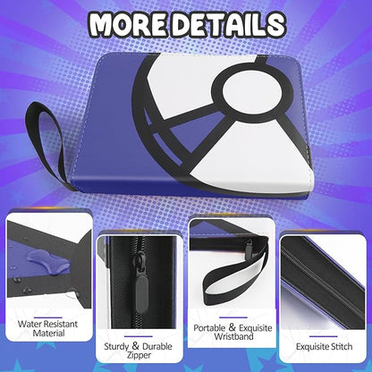 Trading Card Binder 4-Pockets, 400 Pockets Card Holder with 50 Removable Sleeves, Large Capacity & Waterproof Zipper Album Holder for Trading Card Collector, Portable Card Album Book for Card-Blue