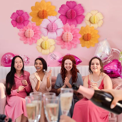 SUNBEAUTY 9 PCS Hot Pink and Orange Party Decorations Fall Large Hanging Paper Flowers Honeycomb Tissue Fiesta Sunset Autumn Decor for Birthday Thanksgiving Wedding Bridal Baby Shower Backdrop Wall