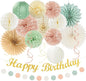 Sage-Green Blush-Pink Beige Birthday Party-Decorations - 21pcs Happy Banner,Cream Light Dusty Pink Paper Lanterns Pom Poms,Rustic Boho Neutral Streamers Garland,Women Girls Decor Supplies Huglony
