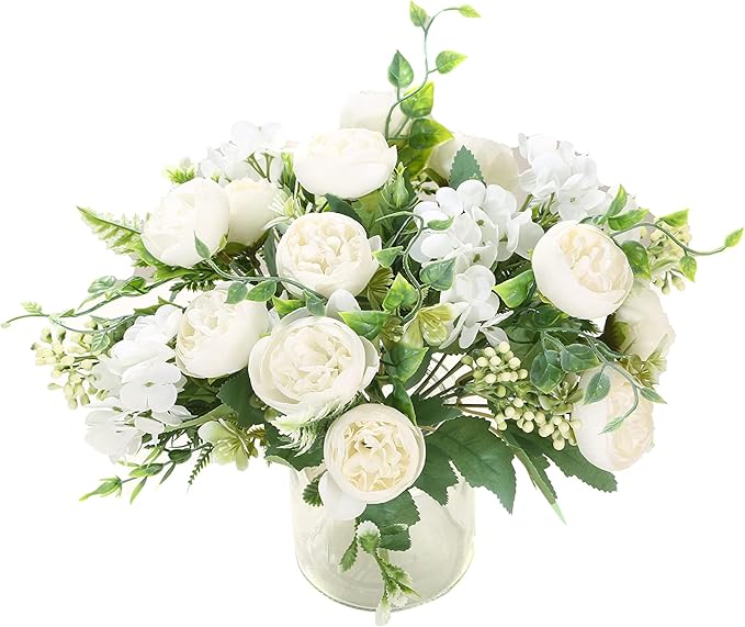 Artificial Flowers Fake Peony Silk Mini Plastic Bridal Flowers for DIY Wedding Bouquets Home Decorations 4 Packs(Cream)