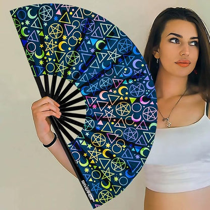 UV Glow Rave Fan, Bamboo Folding Clack Hand Fans Foldable for Men Women, Boots on the Ground Poping Fan for EDM Festival Line Dance Decoration, (Alchemical Signs, Large 13")