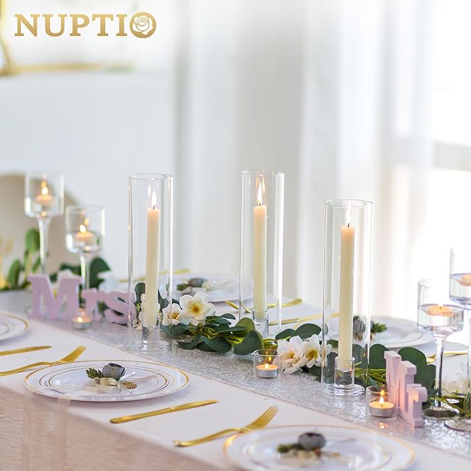 NUPTIO Taper Candle Holders Glass: Set of 10 Hurricane Candlestick Holder Bulk - Candle Stick Stand with Cylinder Sleeves for Thanksgiving Chrstmas Birthday Party Decor